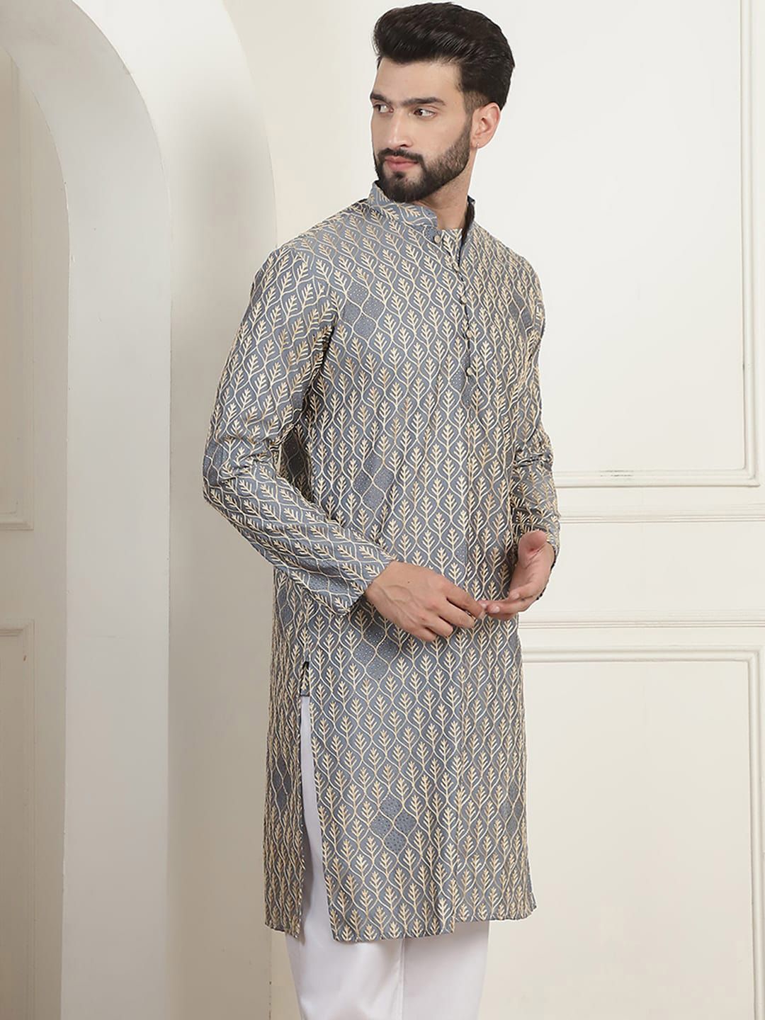 SOJANYA Kolar Mandarin Sulam Bunga Pure Cotton Kurta Lurus