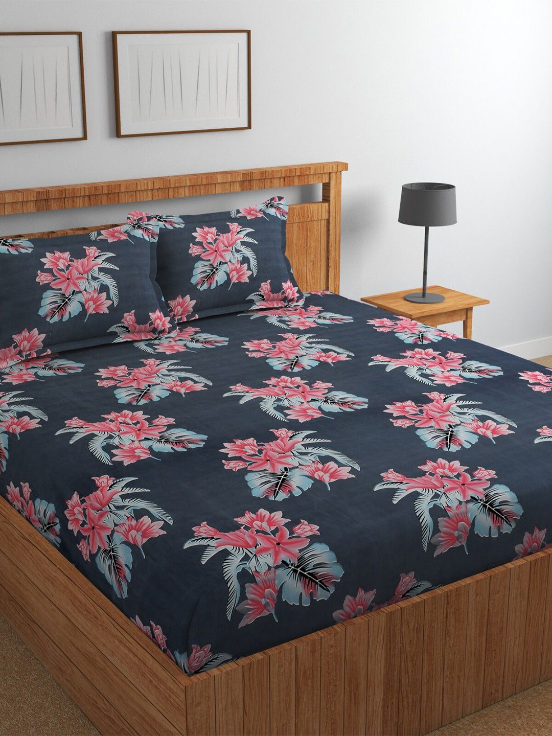 BOMBAY DYEING Grey Melange & Pink Floral 144 TC Queen Bedsheet with 2 Pillow Covers