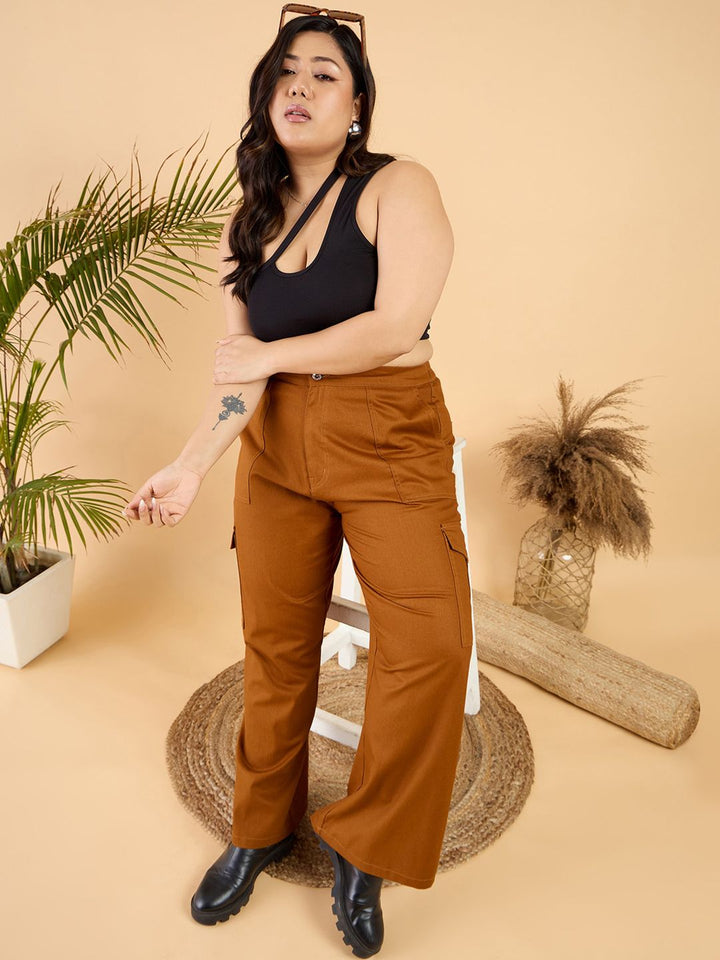 CURVY STREET Women Plus Size Loose Fit Pure Cotton Wide Leg Cargo Trouser