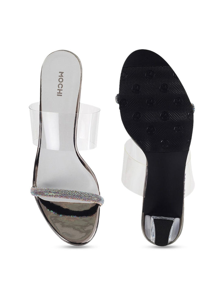 Mochi Women Silver-Toned & Transparent Block Heels
