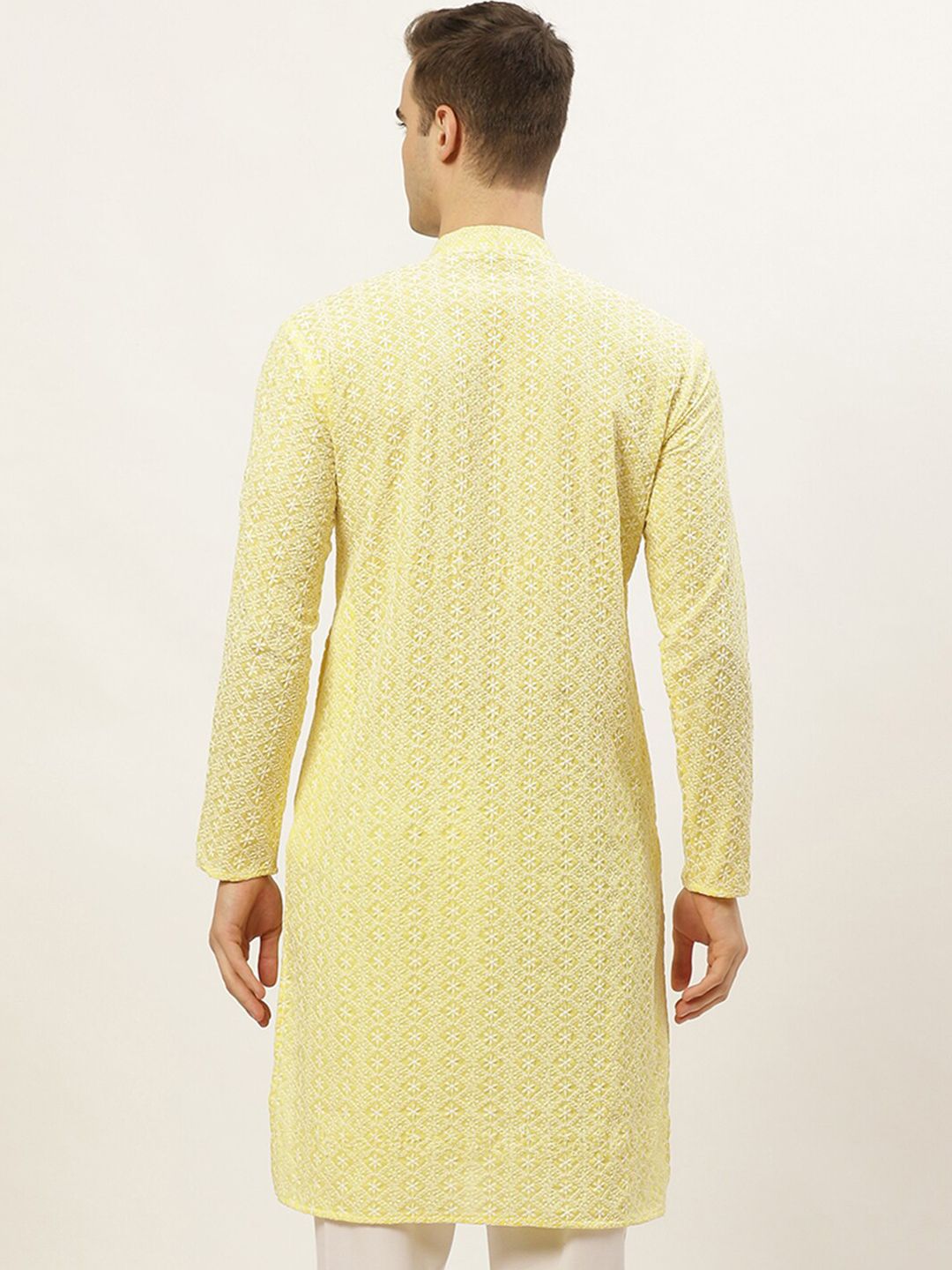 Jompers Men Yellow Thread Work Embroidered Chikankari Kurta