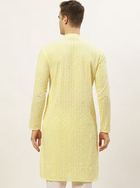 Jompers Men Yellow Thread Work Embroidered Chikankari Kurta