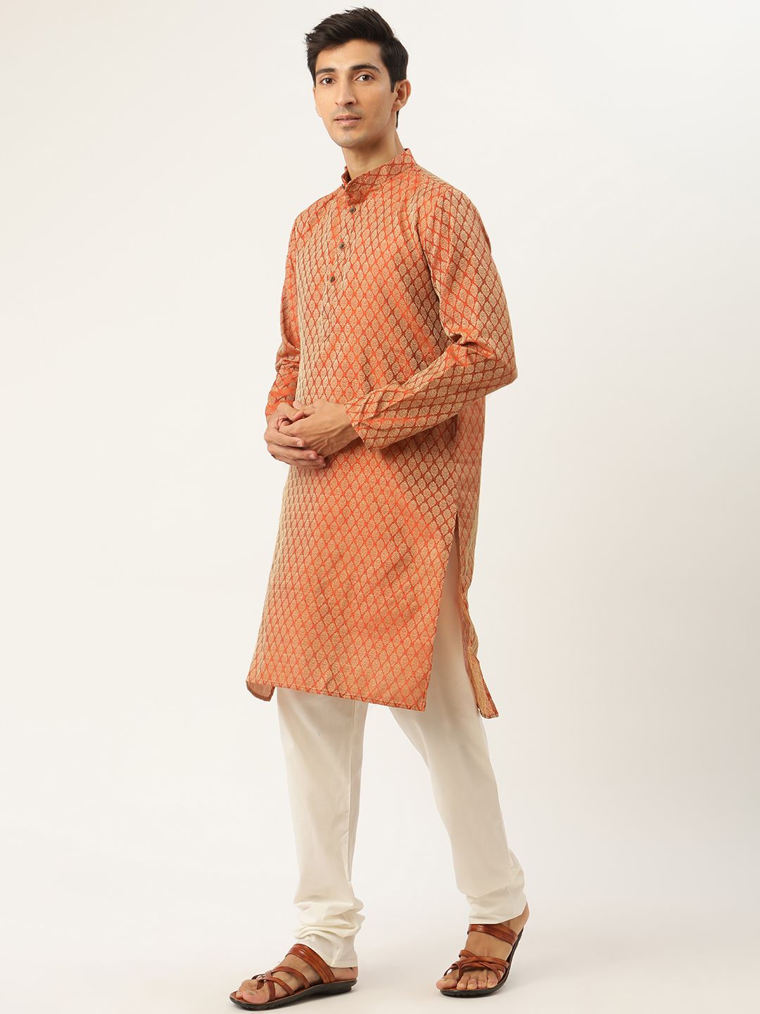 SOJANYA Men Orange Ethnic Motifs Kurta with Churidar & Nehru Jacket