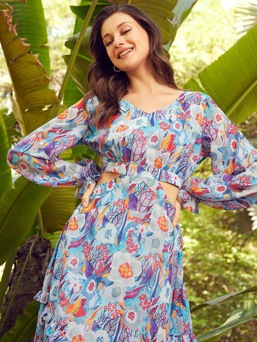 STREET 9 Blue & Orange Floral Printed Maxi Dress