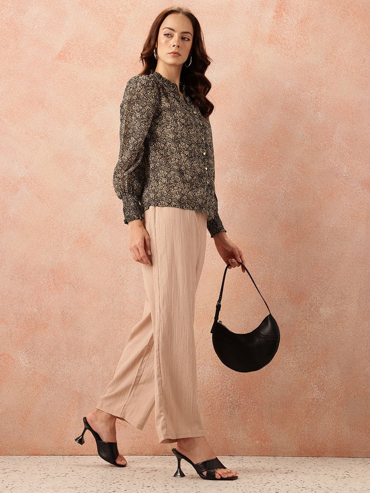 all about you Floral Print Ruffles Detail Georgette Semi-Sheer Button-Down Shirt-Style Top