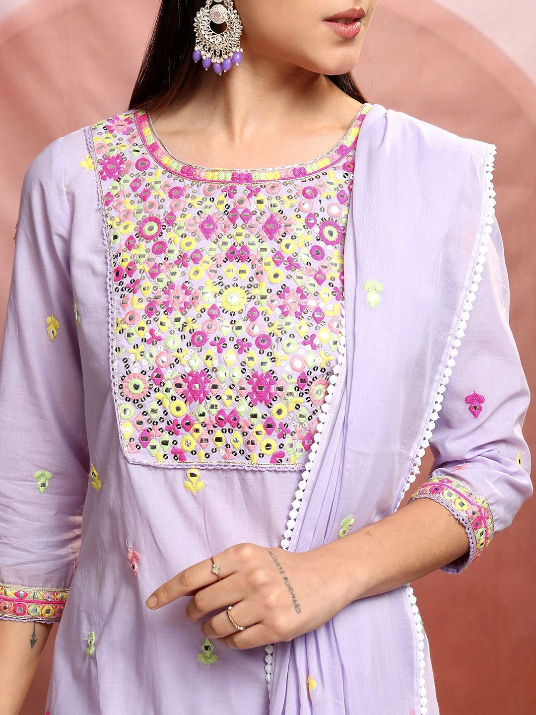 Vishudh Lavender Round Neck Embroidered Regular Thread Work Pure Cotton Straight Kurta Set