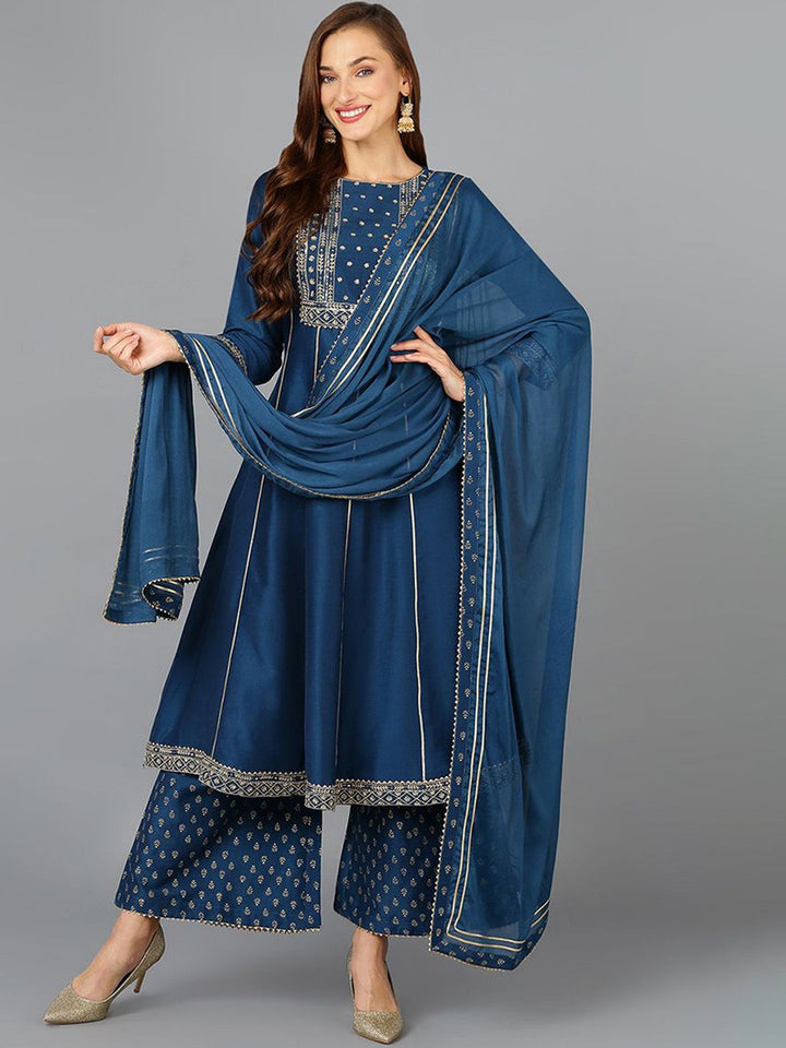 KALINI Floral Embroidered Sequinned Anarkali Kurta with Palazzos & Dupatta