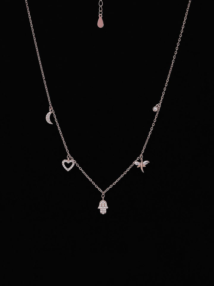 PRIONI 925 Sterling Silver Rose Gold-Plated CZ-Studded 5 Charms Necklace