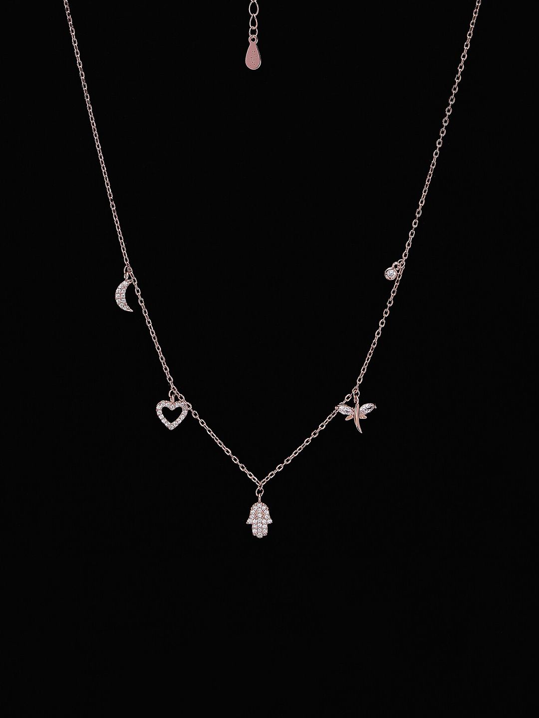 PRIONI 925 Sterling Silver Rose Gold-Plated CZ-Studded 5 Charms Necklace