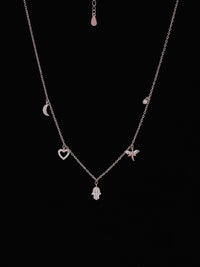 PRIONI 925 Sterling Silver Rose Gold-Plated CZ-Studded 5 Charms Necklace