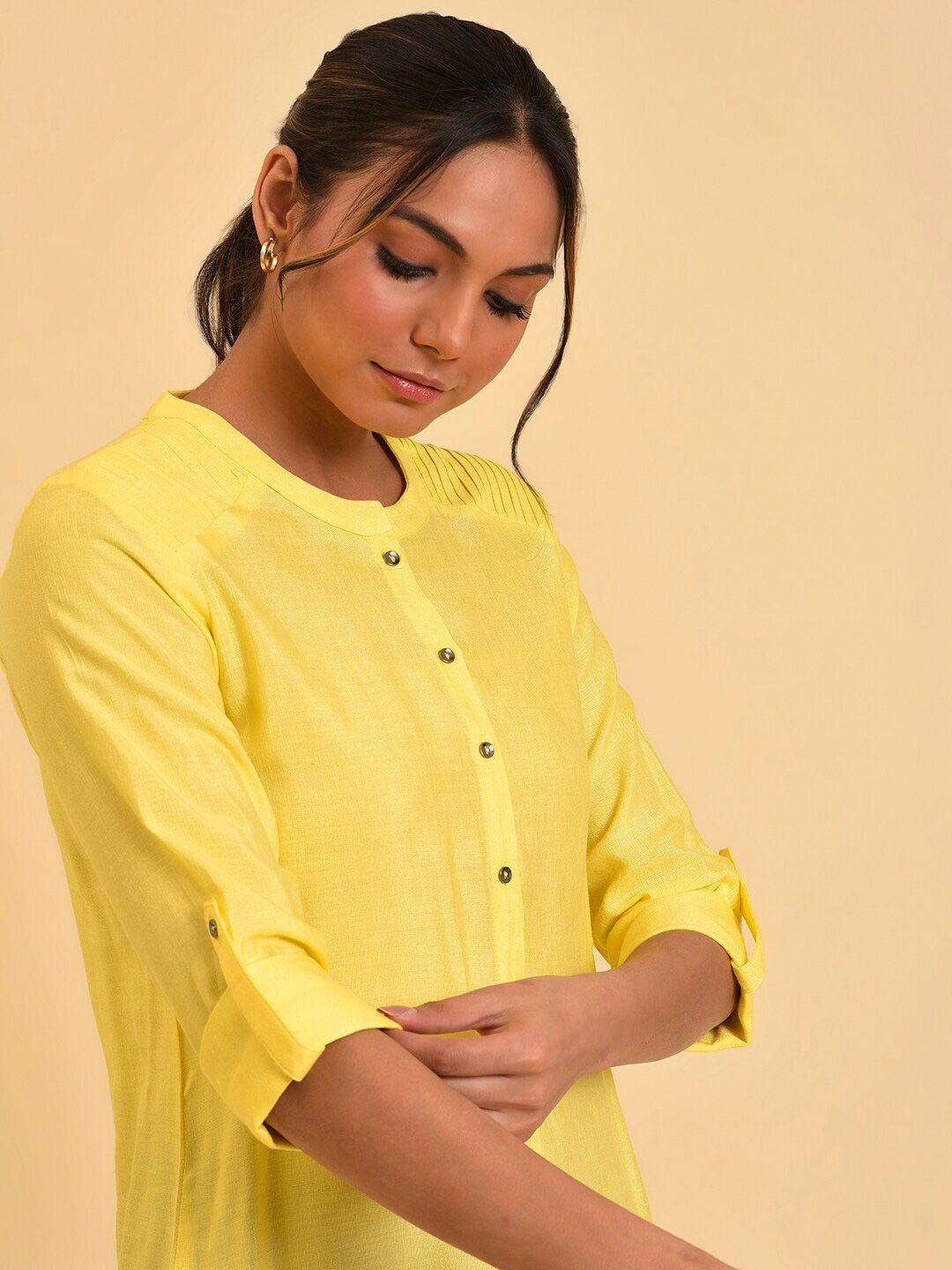W Yellow Roll-Up Sleeves Shirt Style Top