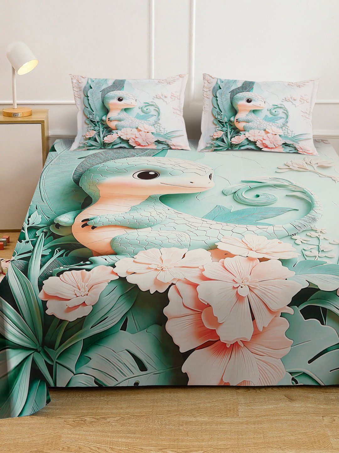Myntra Elegant Homes Green & Pink 400 TC King Bedsheet with 2 Pillow Covers