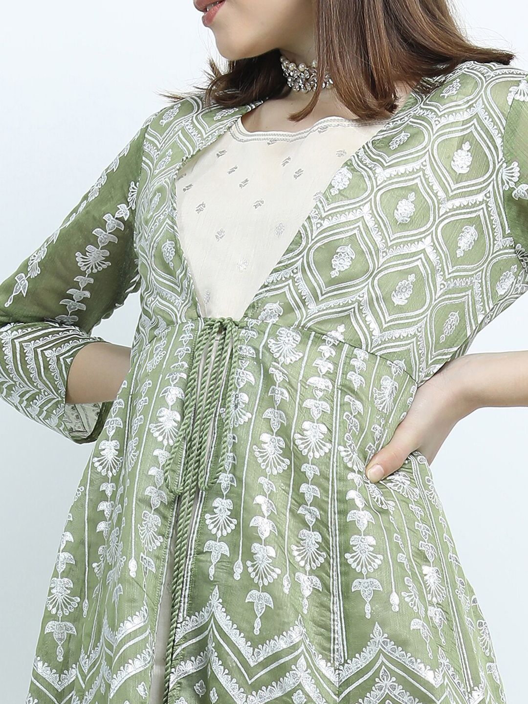 Vishudh Green Ethnic Motifs Ethnic Maxi Dress with Jacket