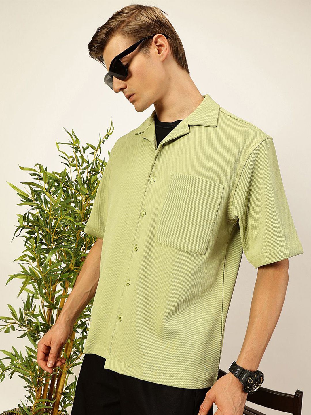 Thomas Scott Men Premium Cuban Collar Textured Cotton Casual Shirt