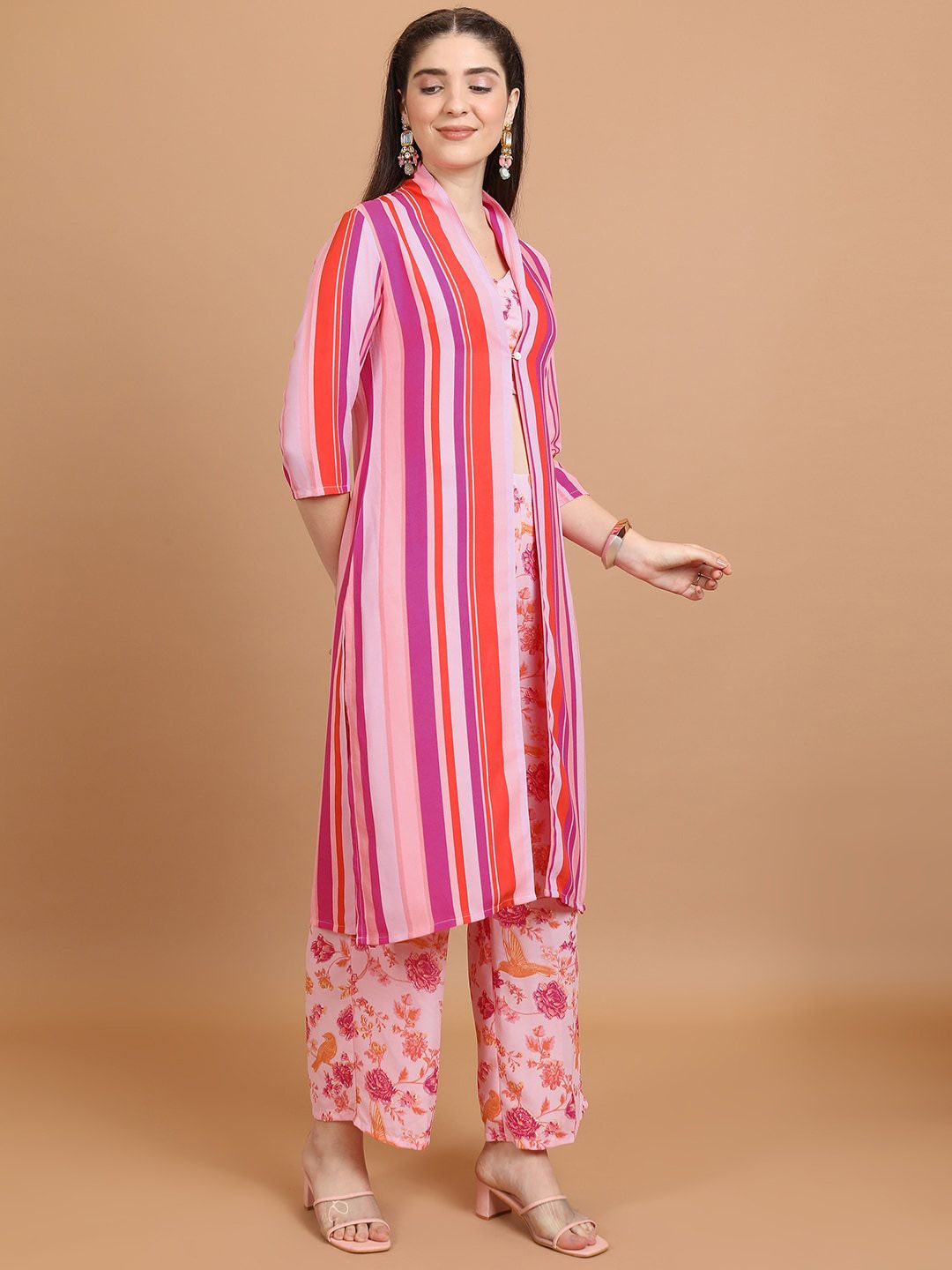 Vishudh Pink Printed Pure Cotton Crop Top & Jacket With Palazzos