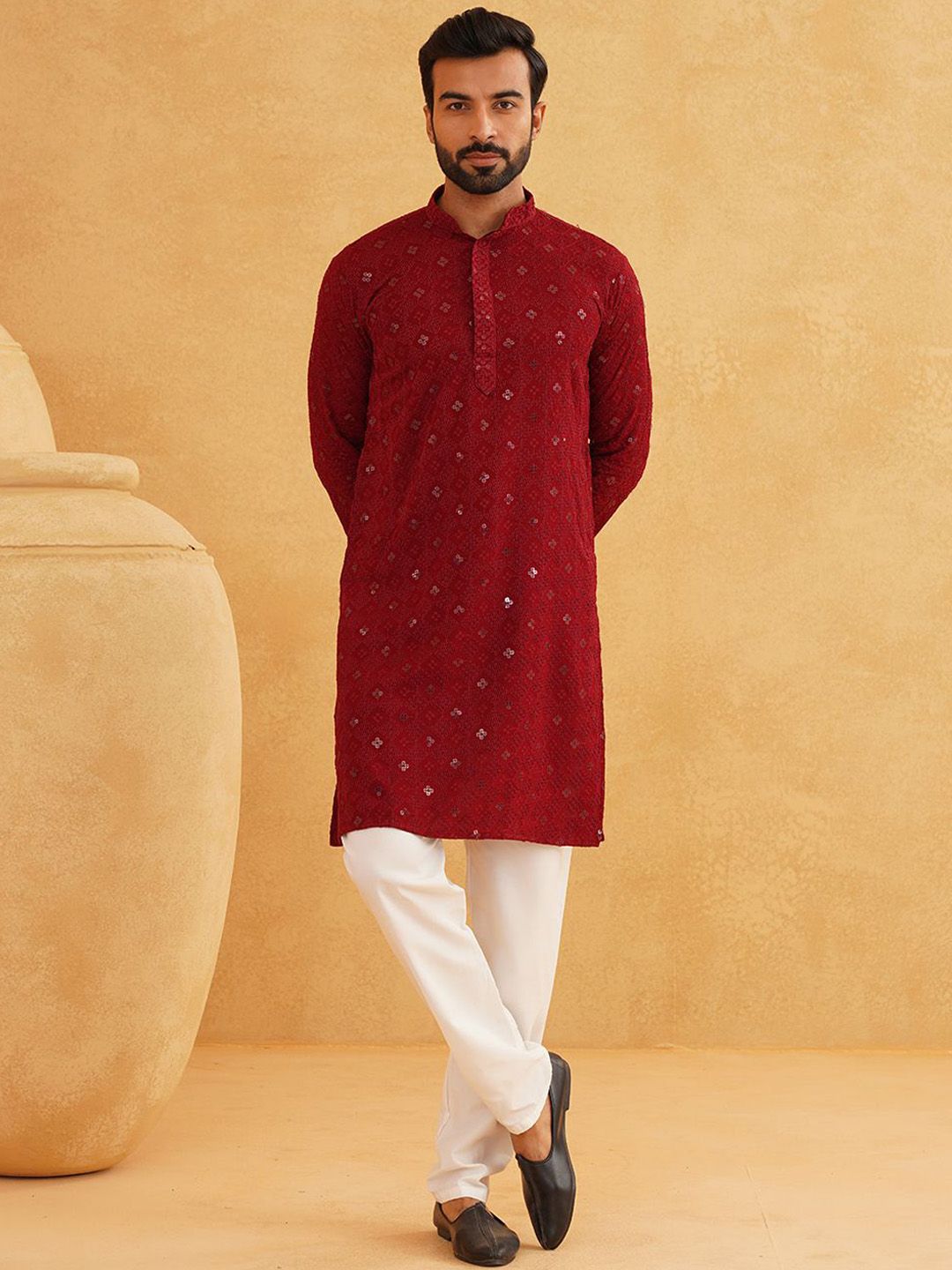SOJANYA Geometric Embroidered Regular Sequinned Pure Cotton Kurta With Churidar