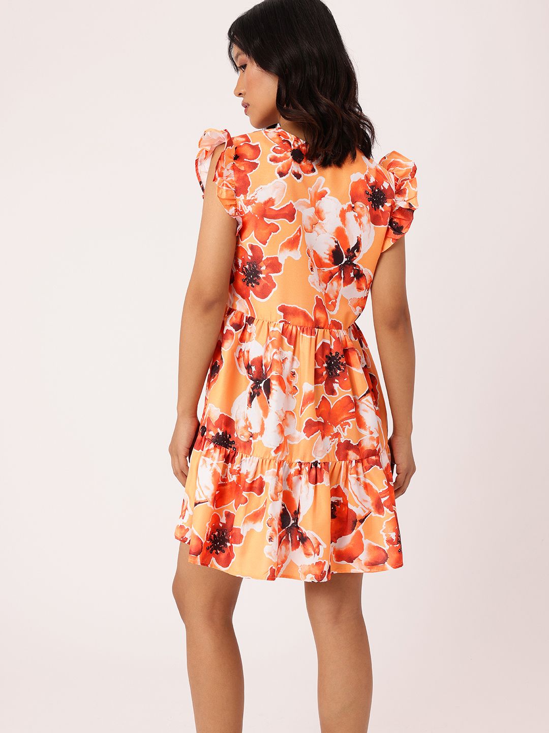 DressBerry Vibrant Chic Floral Printed Flutter Sleeve Gathered Tiered A-Line Mini Dress