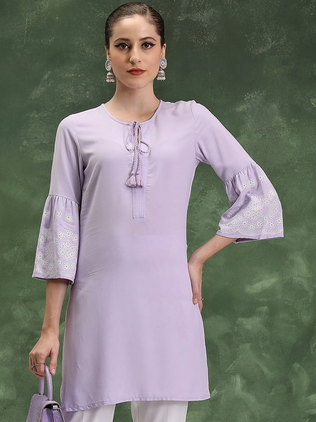 Vishudh Printed Tie-Up Neck Bell Sleeves Short Kurta