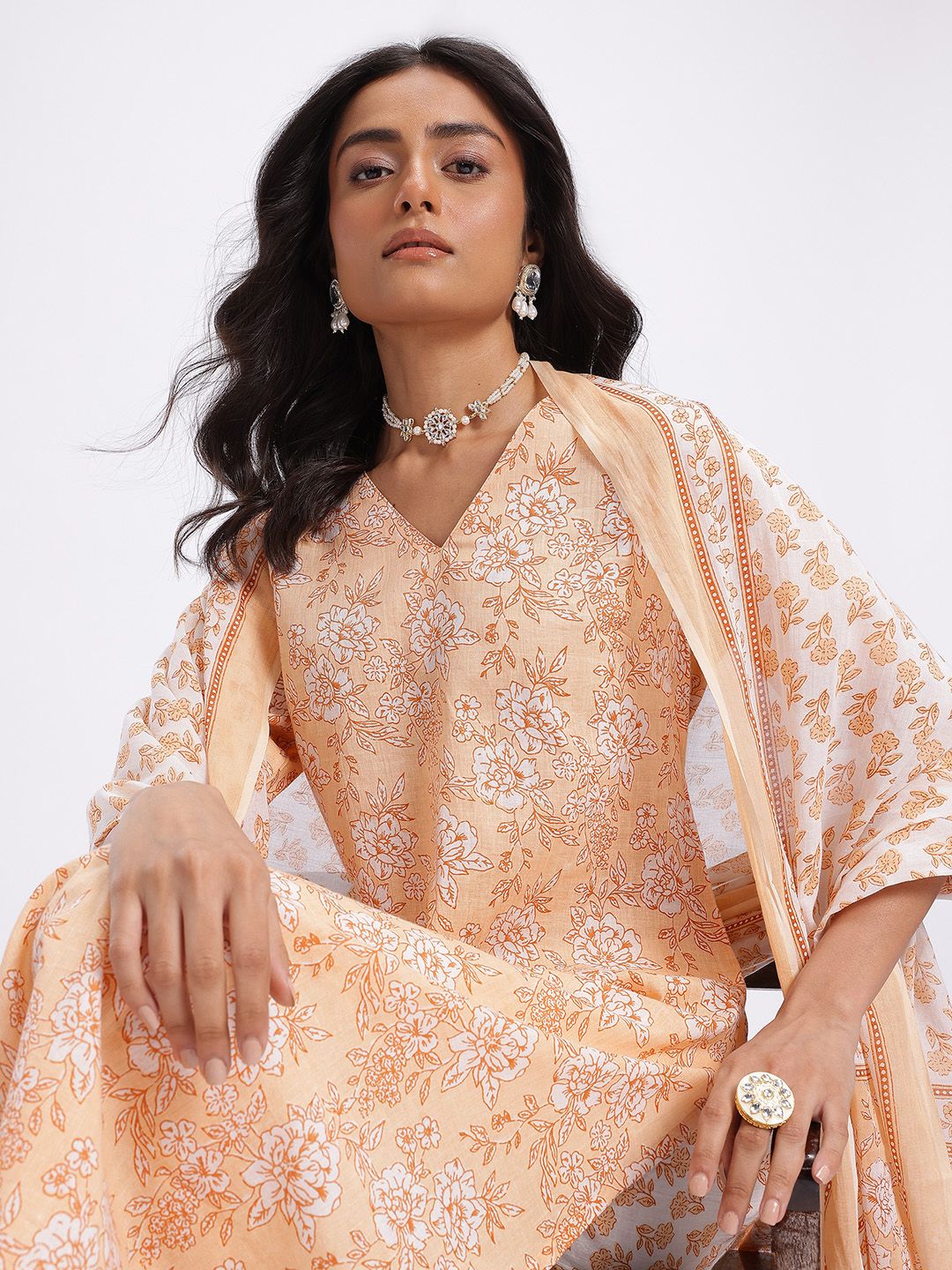 Anouk Floral Printed Cotton Kurta with Trousers & With Dupatta