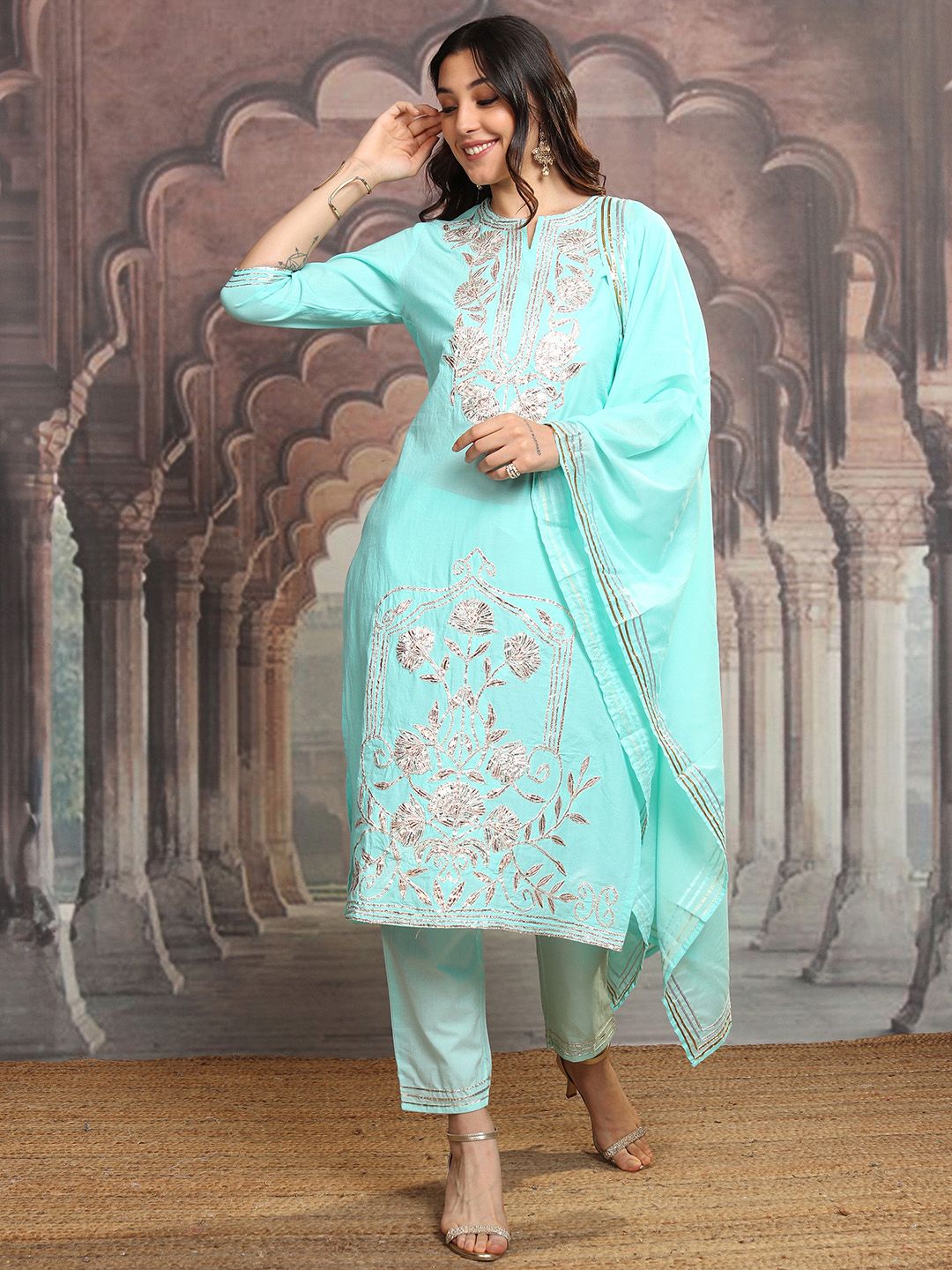 Vishudh Turquoise Blue Notch Neck Floral Embroidered Pure Cotton Straight Kurta Set
