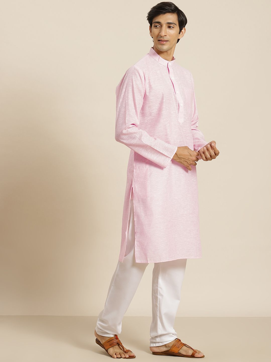 SOJANYA Men Pink & White Striped Cotton Straight Kurta