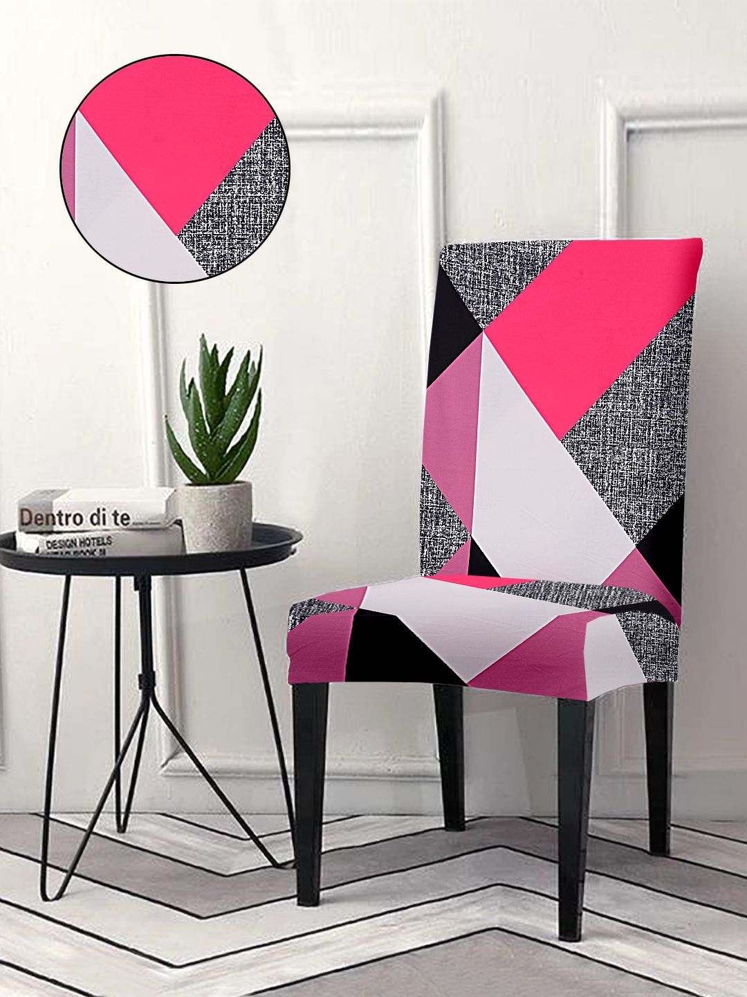 Cortina Pink & White 6 Pieces Geometric Printed Super Stretchable Dining Chair Covers