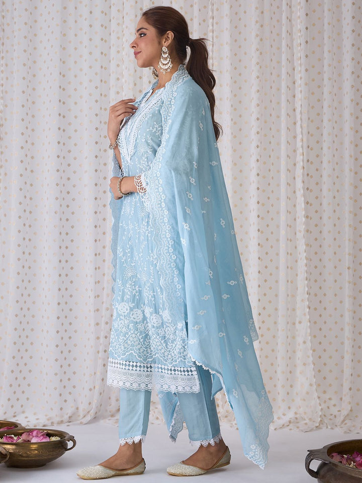 Indo Era Floral Embroidered Regular Thread Work Pure Cotton Kurta with Trousers & Dupatta