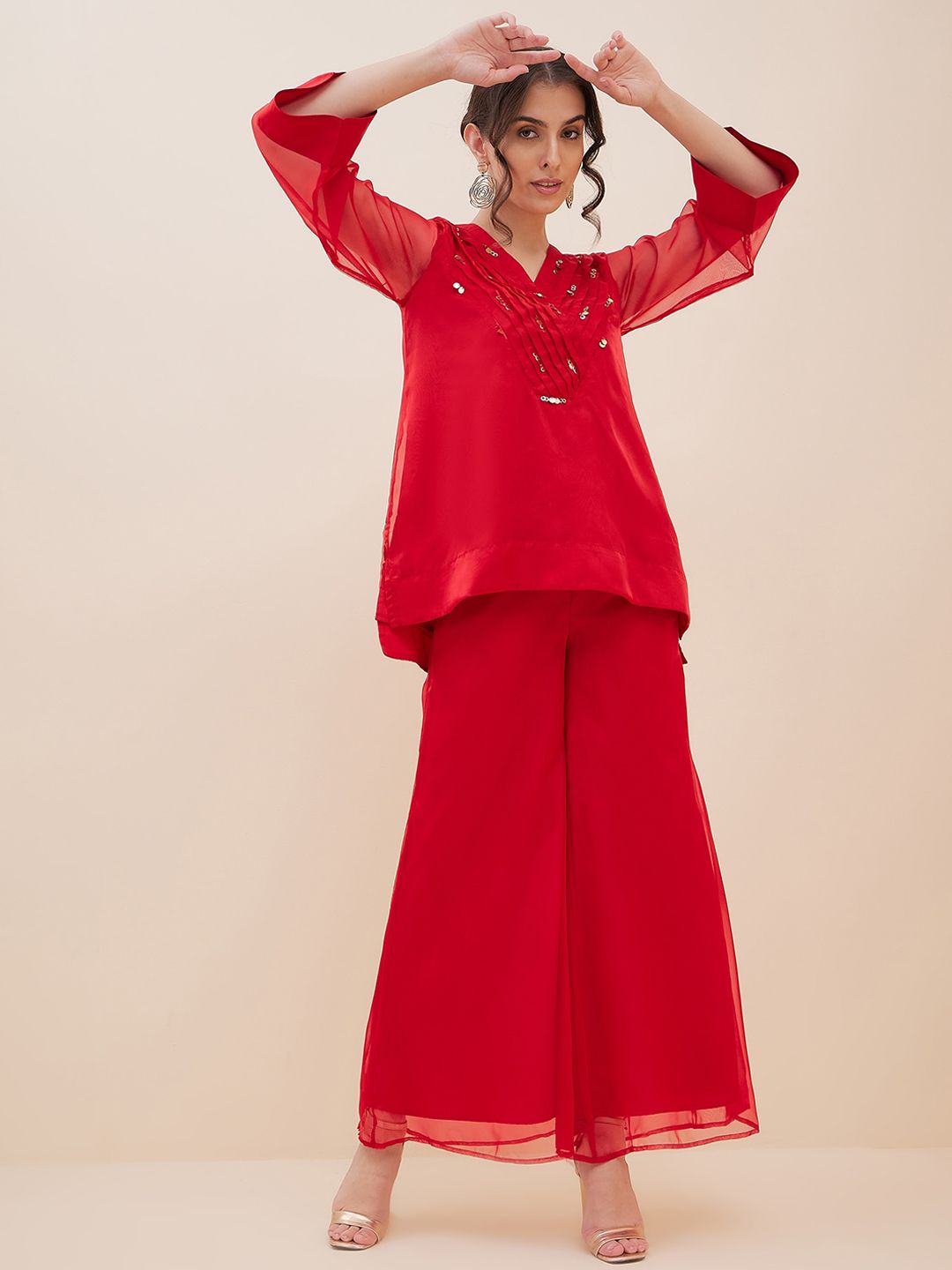 Antheaa Red Embellished Tunic With Palazzos