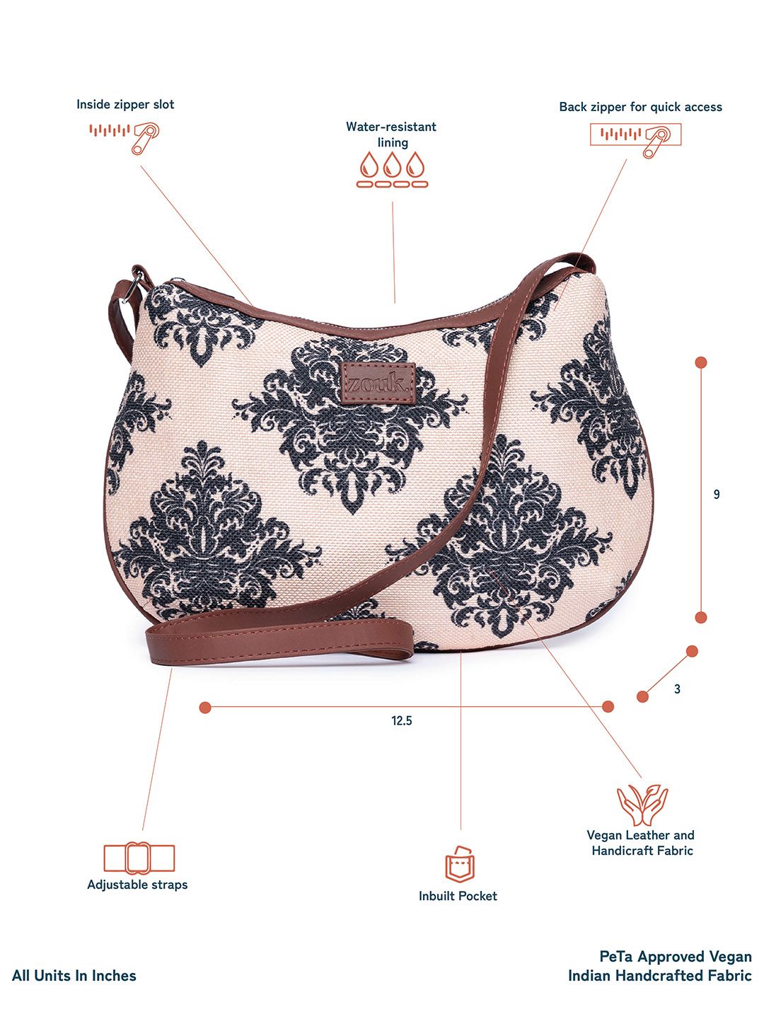 ZOUK Peach-Coloured & Black Ethnic Motifs Printed Sling Bag