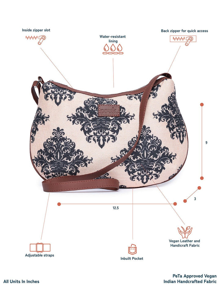 ZOUK Peach-Coloured & Black Ethnic Motifs Printed Sling Bag