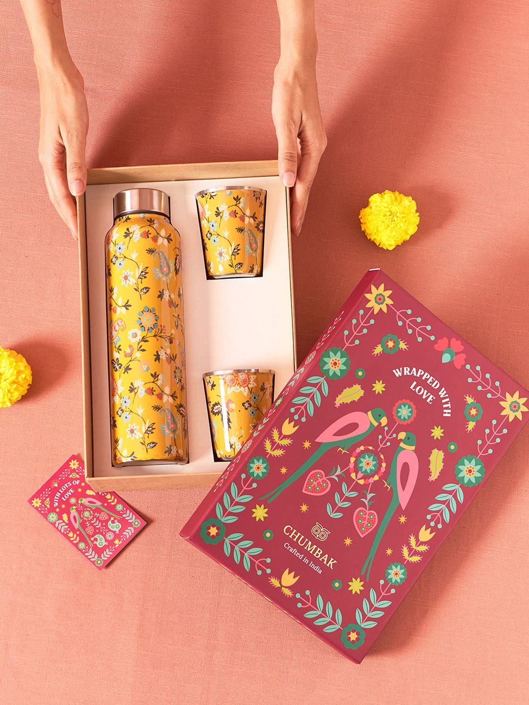 Chumbak Pixel Yellow & Blue 3 Pieces Printed Stainless Steel Drinkware Gift Set - 180 ml