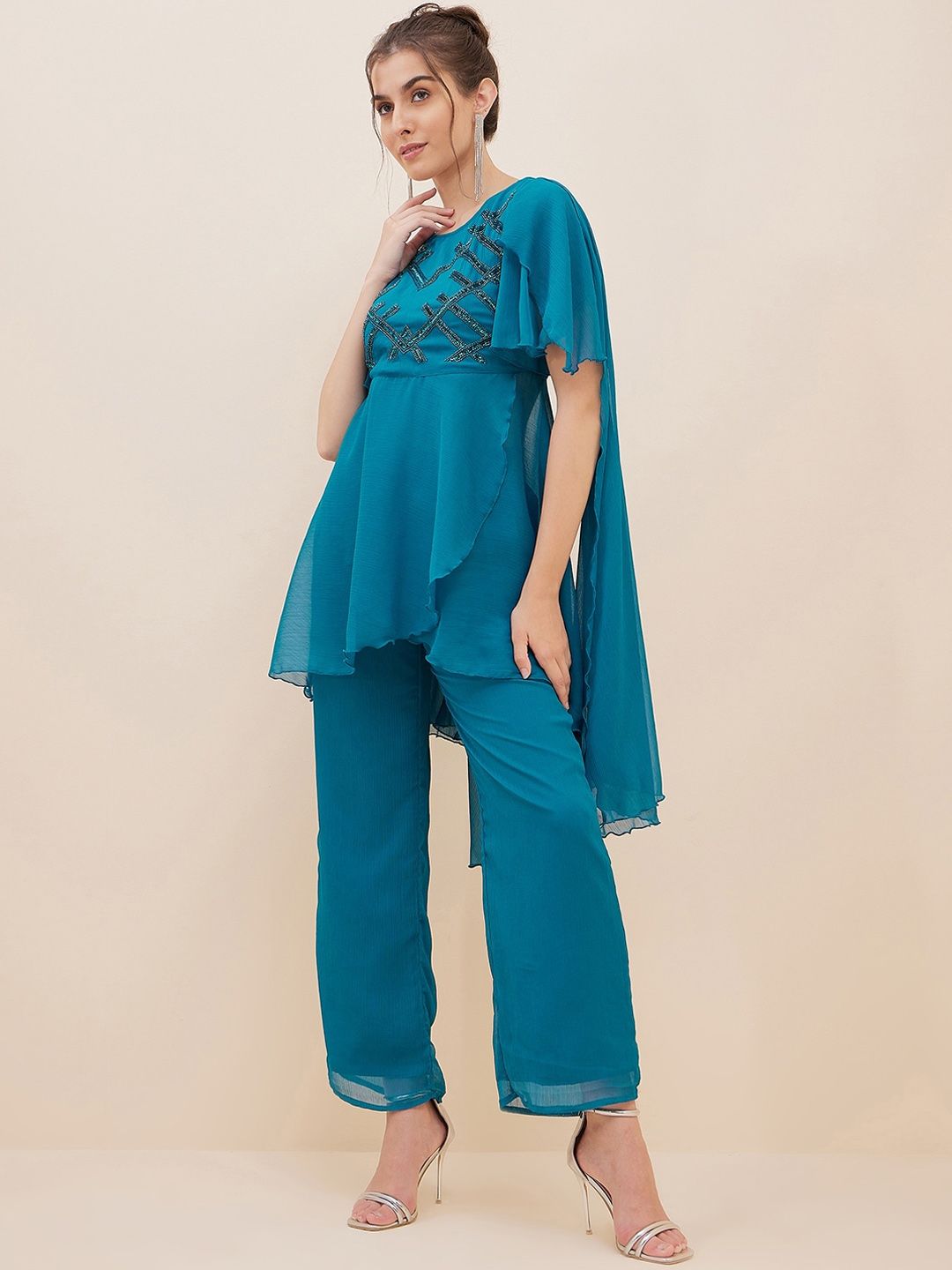 Antheaa Embellished Flared Sleeves Beads & Stones Empire Kurti With Trousers