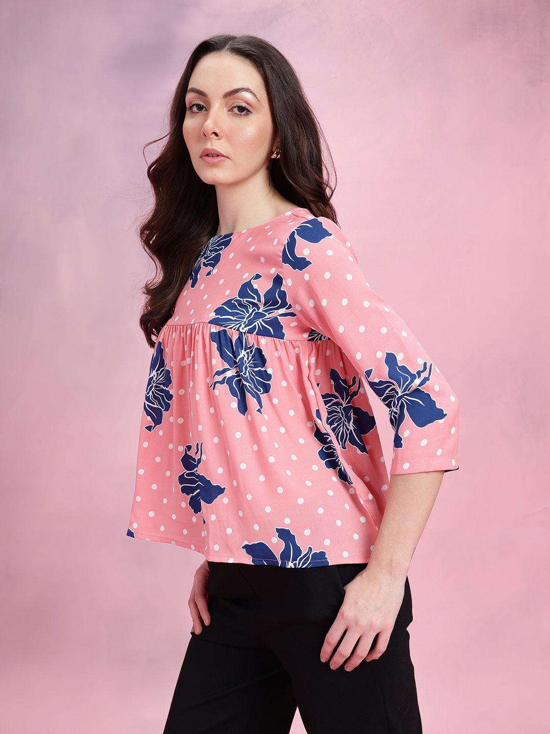 DressBerry Floral Print Boat Neck Gathered Detail Empire Top