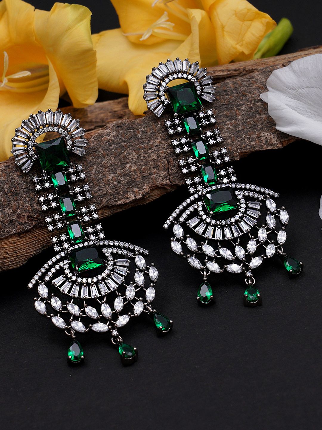 KARATCART Green & White Floral Studded Drop Earrings