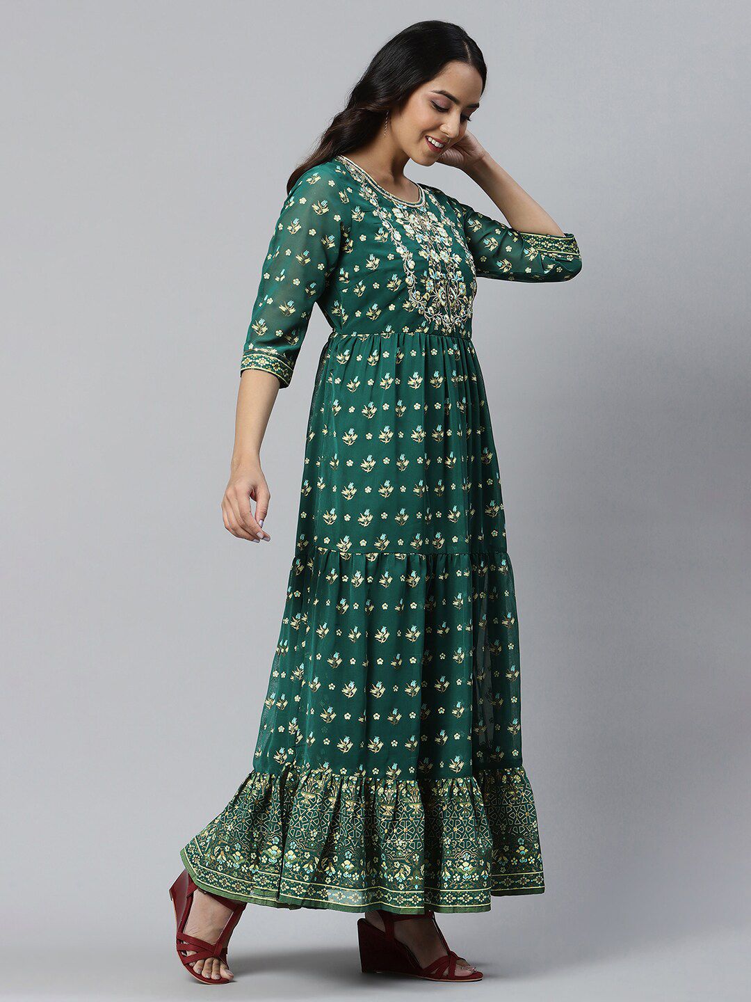 AURELIA Green Floral Printed Tiered Maxi Dress