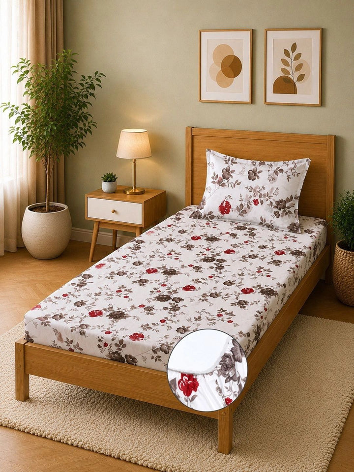 Moda Rapido X KLOTTHE White & Red Floral 300 TC Single Bedsheet with 1 Pillow Covers