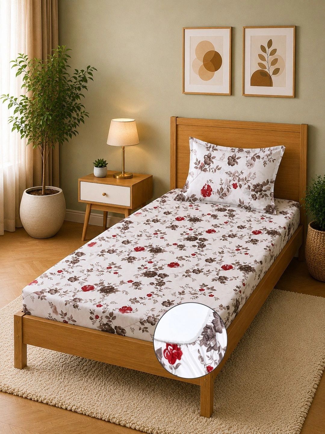 Moda Rapido X KLOTTHE White & Red Floral 300 TC Single Bedsheet with 1 Pillow Covers