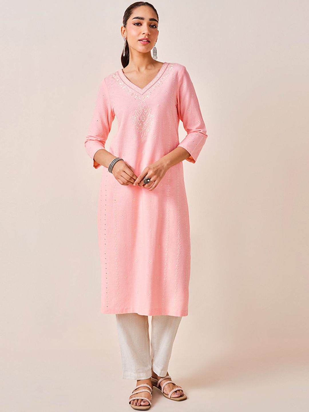 Global Desi Ethnic Motifs Embroidered A-Line Kurta