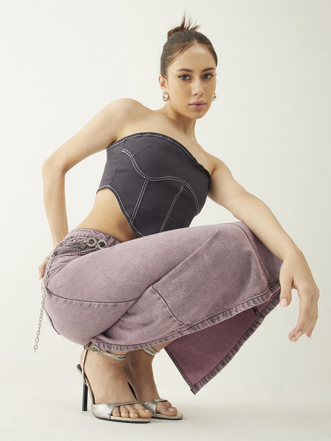 DressBerry Women Urban Vibe Back Slit Denim Faded A-Line Skirt