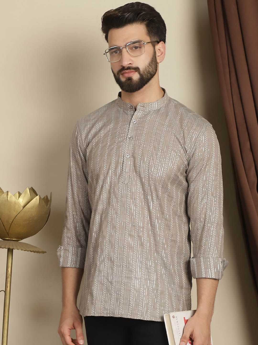 Anouk Striped Mandarin Collar Long Sleeves Cotton Kurta
