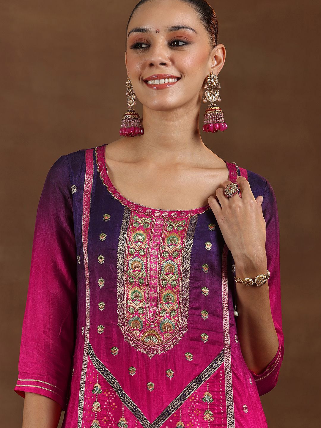 Libas Floral Woven Design Round Neck Kurta with Trousers & Dupatta