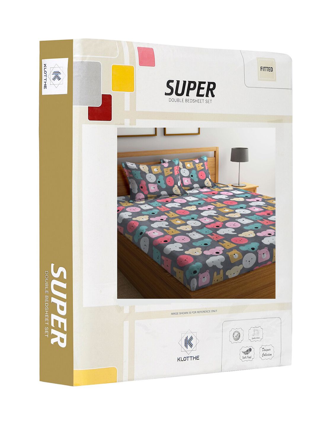 KLOTTHE Grey Printed Fitted 300 TC Double King Bedsheet With 2 Pillow Covers