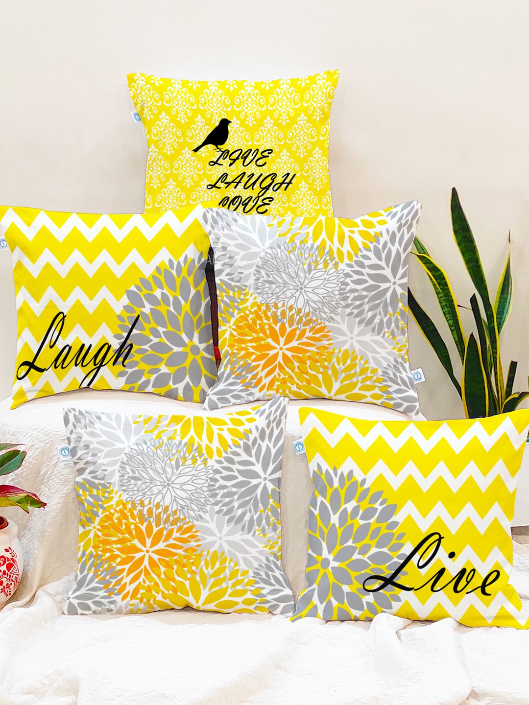 STITCHNEST Yellow & Grey Set of 5 Floral Square Cushion Covers