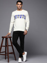 Raymond Men Off White & Blue Geometric Sweater