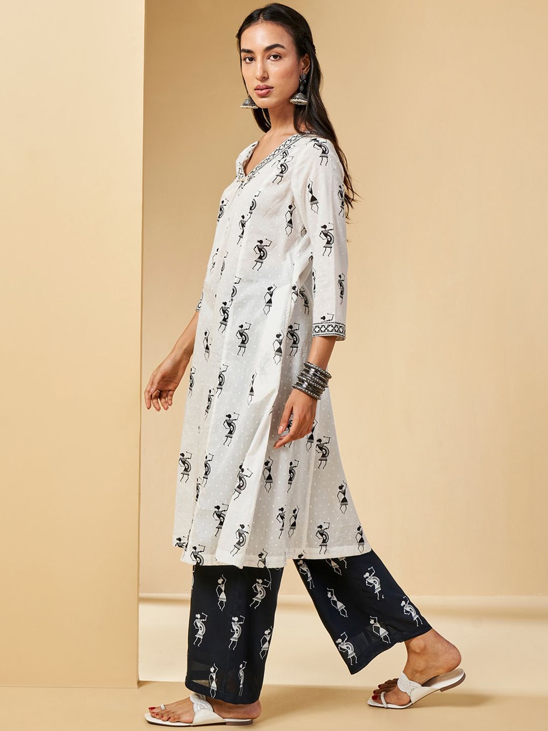 Global Desi Embroidered Flared Sleeves Thread Work Cotton Kurta