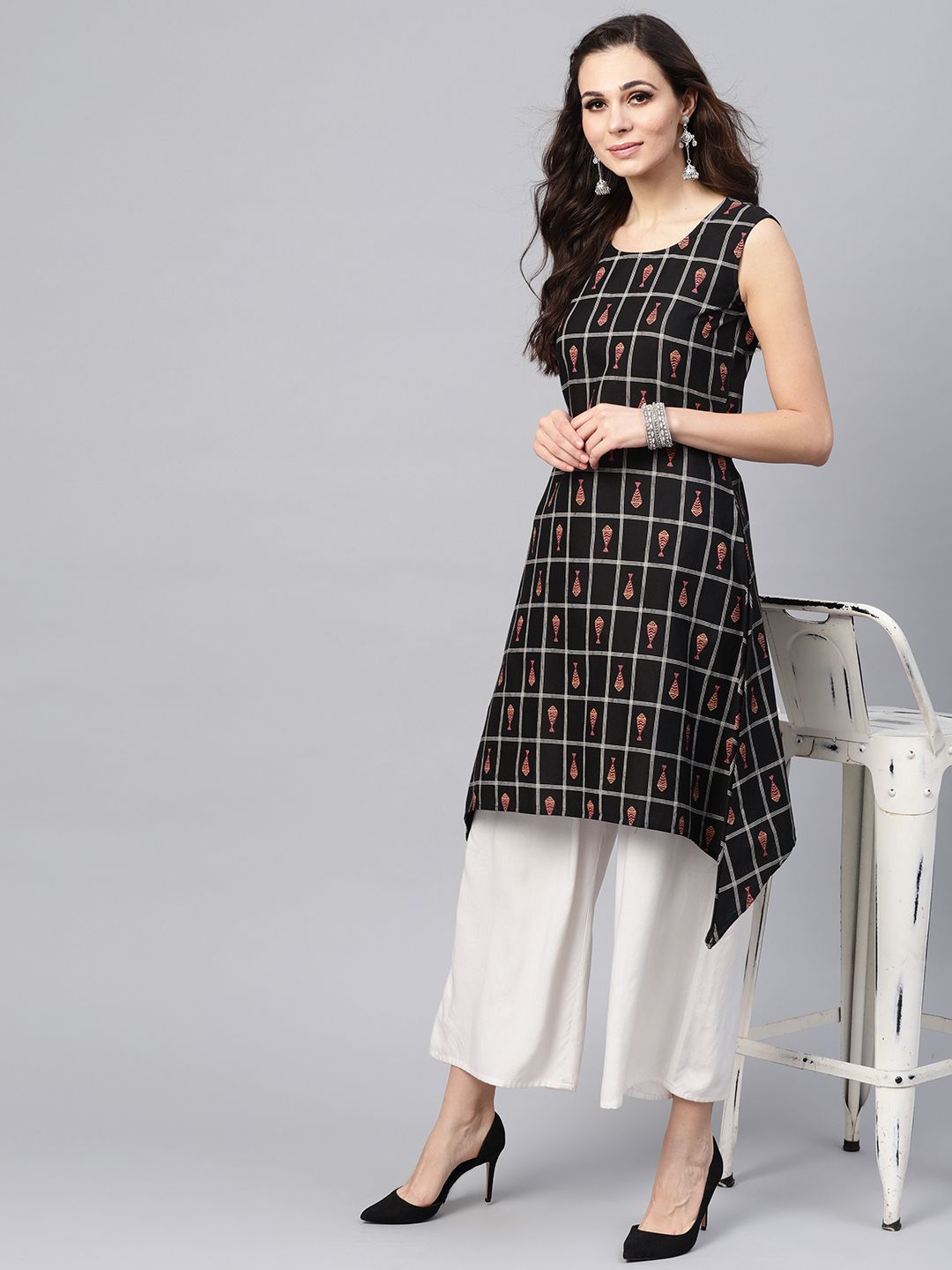 SOJANYA Women Black & White Checked A-Line Kurta