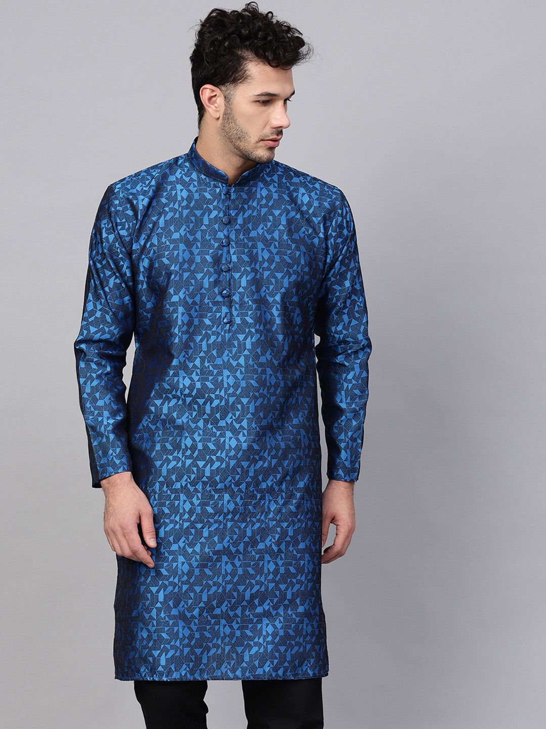 SOJANYA Lelaki Biru & Hitam Rekaan Tenun Kurta Lurus