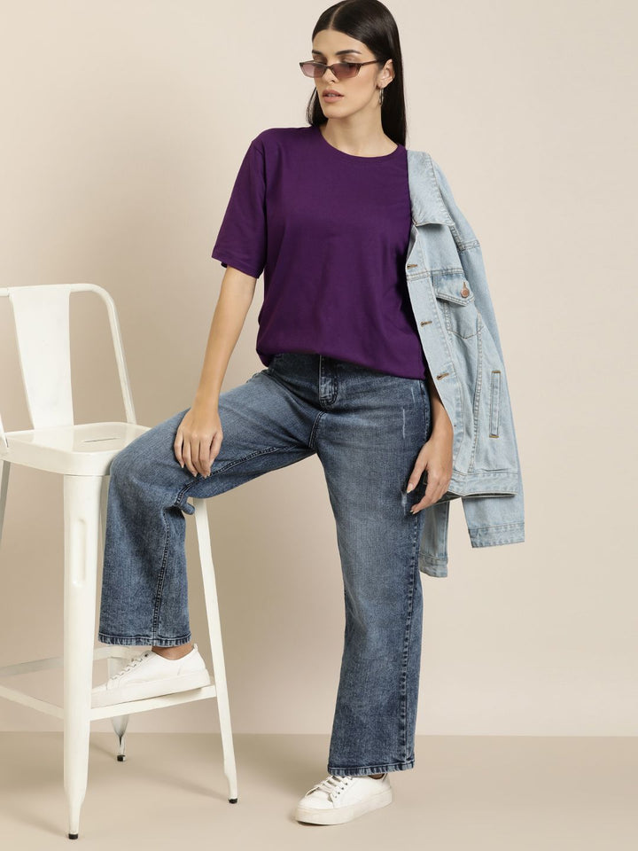 DILLINGER Women Purple Solid Pure Cotton Oversized T-shirt