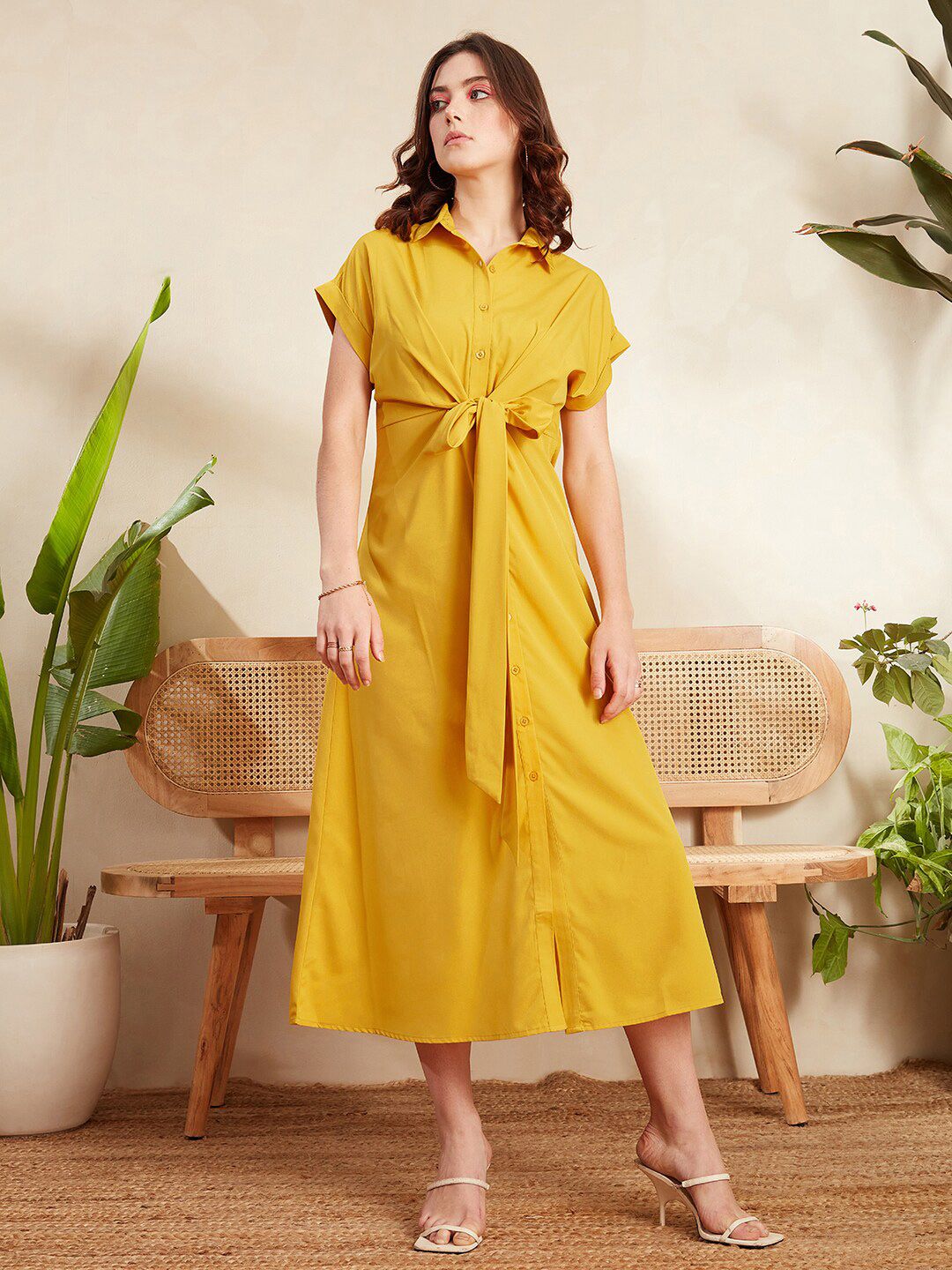 Berrylush Mustard Yellow Shirt Collar Extended Sleeves Tie-Up Detailed Midi Shirt Dress