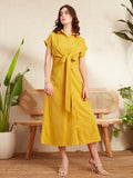 Berrylush Mustard Yellow Shirt Collar Extended Sleeves Tie-Up Detailed Midi Shirt Dress